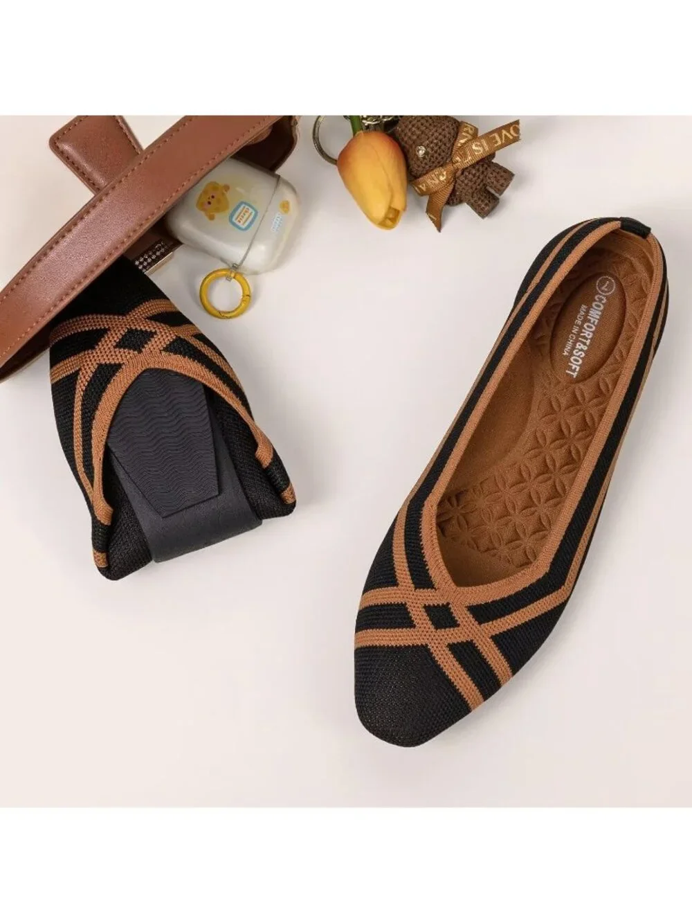 Frank Mully Women's Black Orange Rubber Knit Square Toe Comfortable Slip On Flat